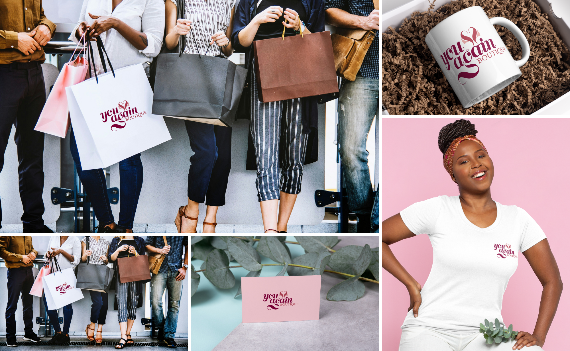 You Again Mockups - Meghan Website you again boutique logo on tshirt, bag, card, mug and sign